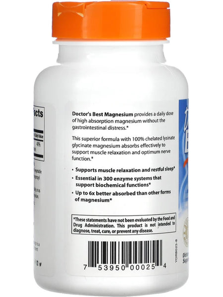 Doctor's Best, High Absorption Magnesium Lysinate Glycinate, 200 mg, 120 Tablets