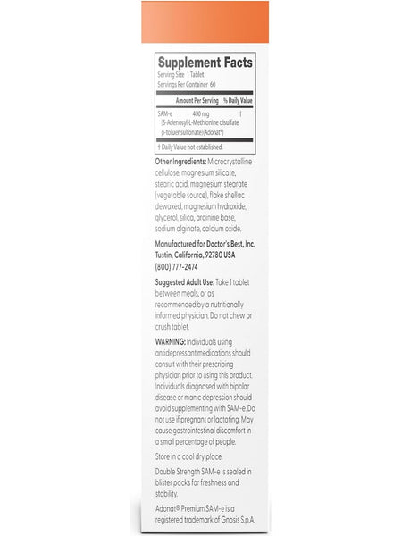 Doctor's Best, SAM-e, Double Strength, 400 mg, 60 Enteric Coated Tablets