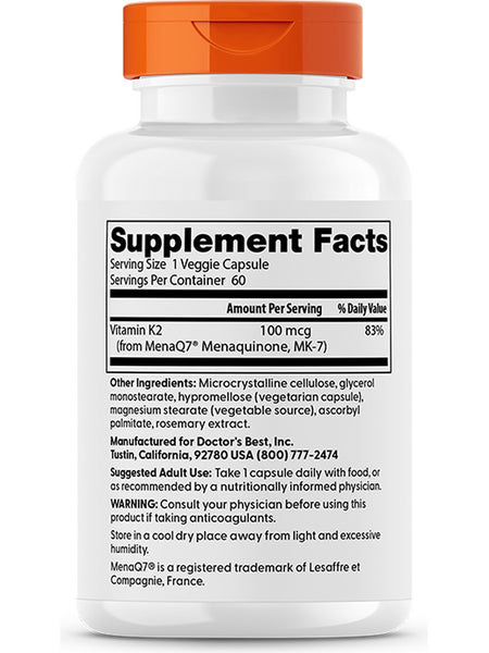 Doctor's Best, Natural Vitamin K2 MK-7, 100 mcg, 60 Veggie Caps
