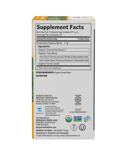 Organic India, Tulsi Honey Chamomile Tea, Caffeine Free, 18 ct