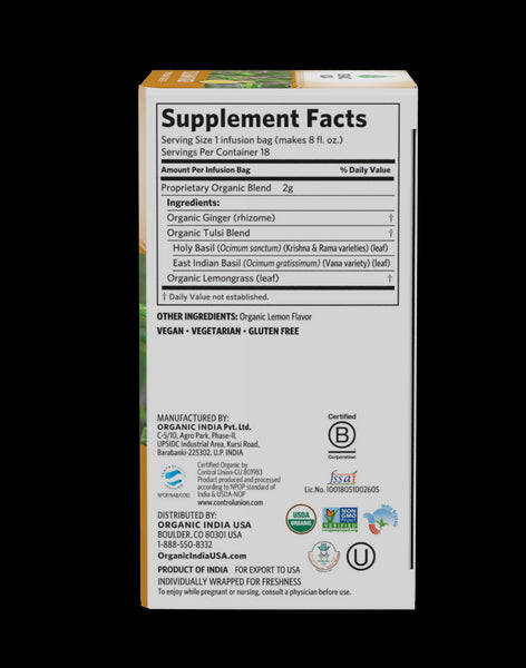 Organic India, Tulsi Lemon Ginger Tea, Caffeine Free, 18 ct