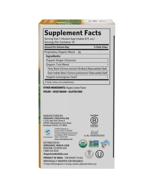 Organic India, Tulsi Lemon Ginger Tea, Caffeine Free, 18 ct