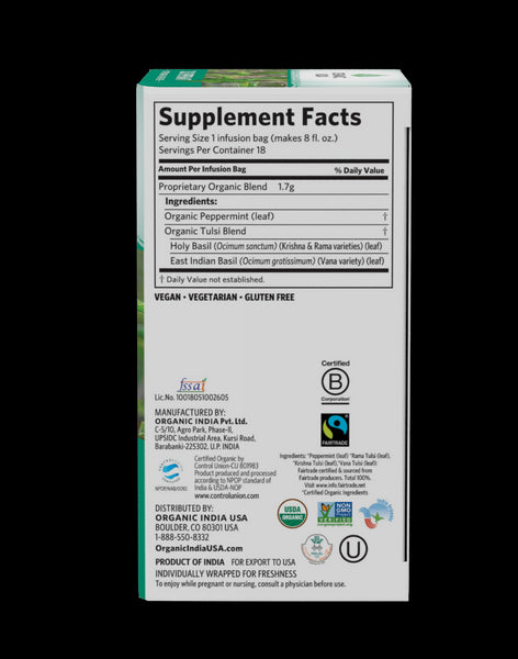 Organic India, Tulsi Peppermint Tea, Caffeine Free, 18 ct