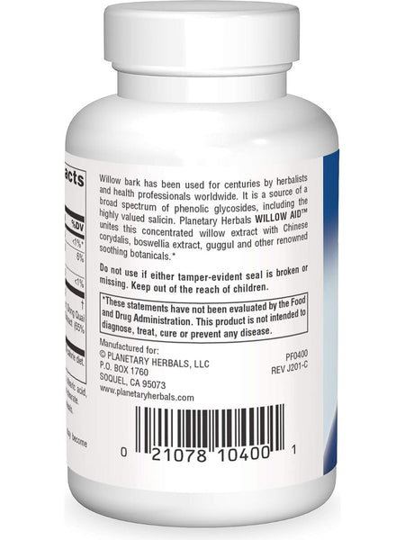 Planetary Herbals, Willow Aid Std 7.5% Salicin, 60 ct