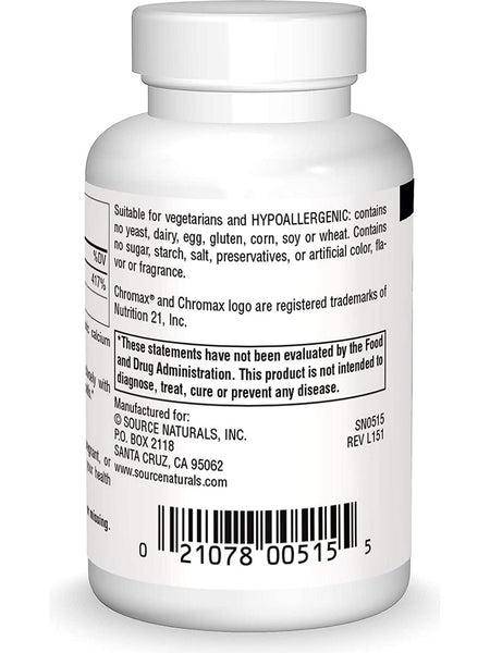 Source Naturals, Ultra Chromium Picolinate 500™ Yeast-Free Chromium 500 mcg, 60 tablets