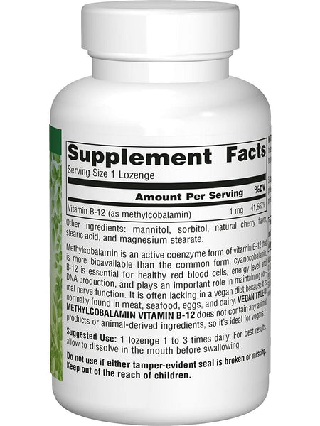 Source Naturals, Vegan True® Methylcobalamin Vitamin B-12 1 mg, Cherry, 60 lozenges