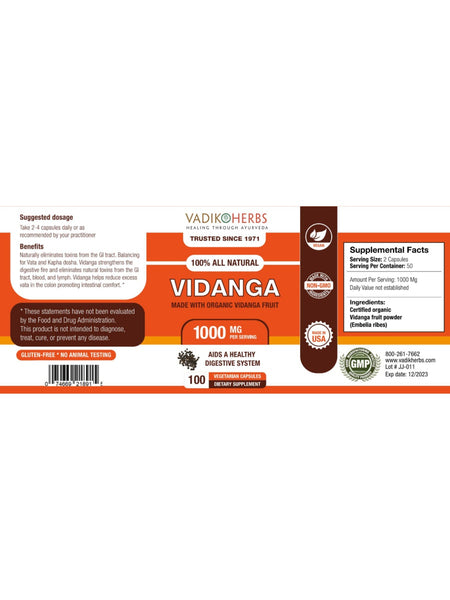 Vadik Herbs, Vidanga, 100 ct