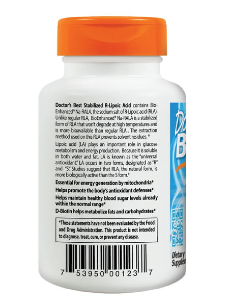 Doctor's Best, Stabilized R Lipoic Acid featuring BioEnhanced Na RALA, 100 mg, 60 veggie caps